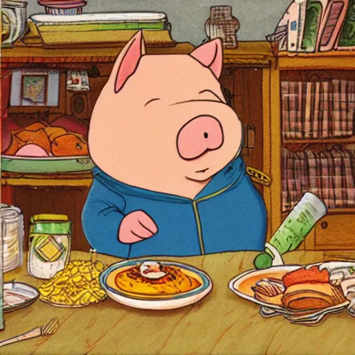 Image similar to a fat pig full from a feast by richard scarry