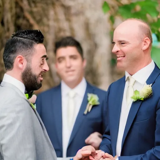 Image similar to a lovely gay wedding between a middle aged balding white man and a young skinny Latino man