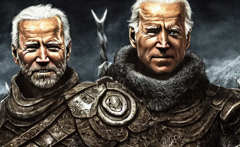 Prompt: joe biden as dovahkiin in skyrim, digital art