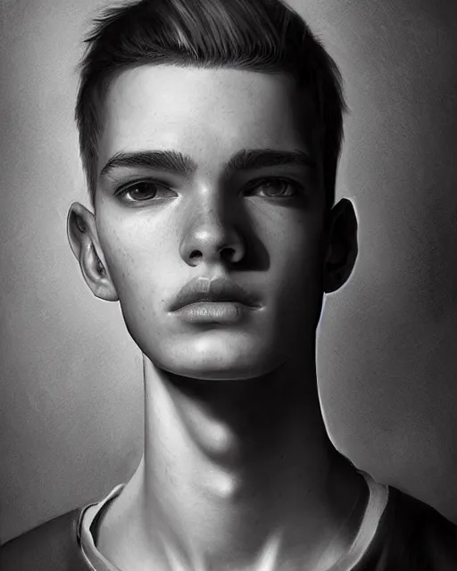 Image similar to portrait of 1 5 - year - old boy, a tall, slender boy with a pale, pointed face, white - blond hair, grey eyes, wearing in shirt hyper realistic face, beautiful eyes, fantasy art, in the style of greg rutkowski, intricate, hyper detailed, smooth