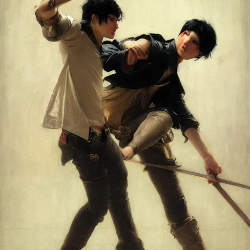 Image similar to twin brothers with black hair and blue eyes play fighting. Ruan Jia. JC Leyendecker. Karlkka