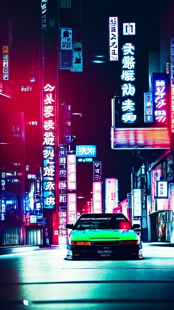 Image similar to a car drift spec JZX100 in middle of road, shibuya prefecture, city midnight neon lights, cinematic color, photorealistic, highly detailed