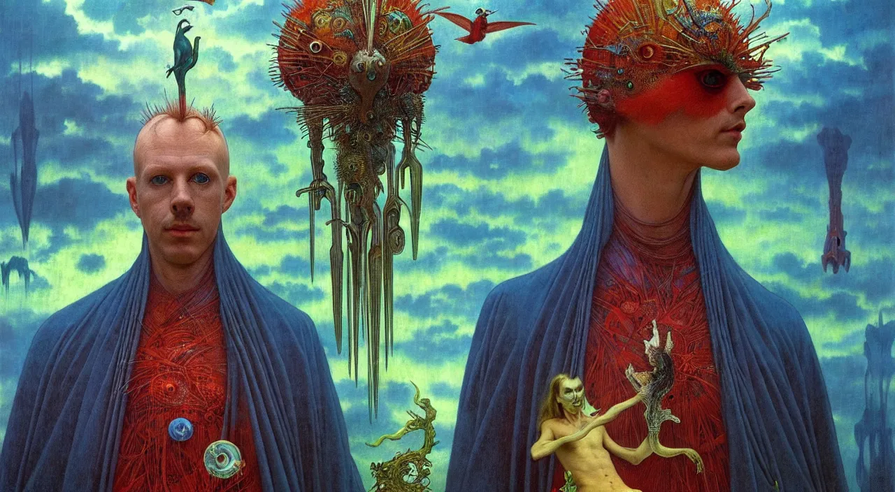 Image similar to realistic detailed portrait movie shot of a birdman wearing dark robes, sci fi city landscape background by denis villeneuve, amano, yves tanguy, alphonse mucha, ernst haeckel, max ernst, roger dean, masterpiece, rich moody colours, blue eyes, occult