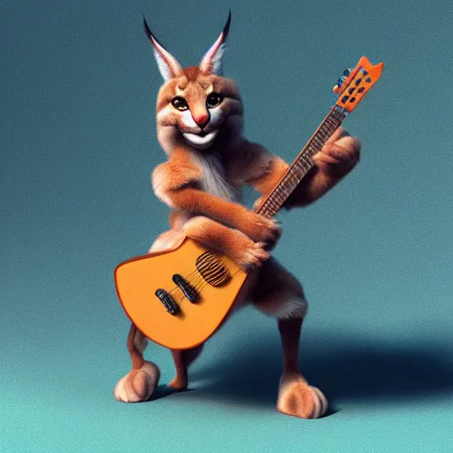 Image similar to cute fluffy caracal playing fluffy guitar, fully detailed, high quality , 4k , octane render , soft light , masterpiece