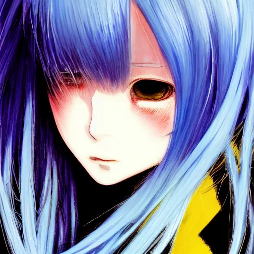 Image similar to profile shot of rimuru tempest, sky blue straight hair, long bangs, gold eyes, amber eyes, wearing a black jacket with white stripes, high collar, ultra detailed, wild brush strokes, digital painting, cinematic, wlop, pixiv, color block, eerie, scary, yoshitaka amano, ilya kuvshinov, andy warhol