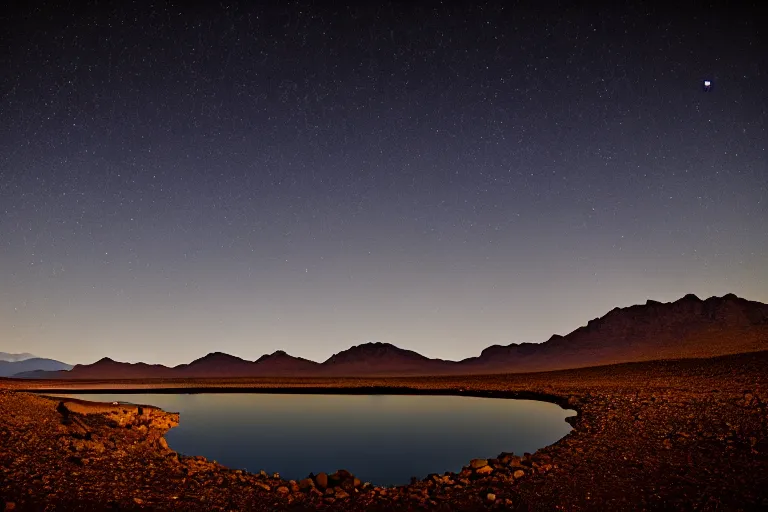 Prompt: beautiful moonlit dark starry landscape photography of an Arizona desert, lake, dramatic lighting