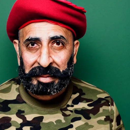 Image similar to professional portrait of a middle aged arab man with a beard wearing military camouflage and a beret, rainbow background, 8 k, very intricate, very detailed,