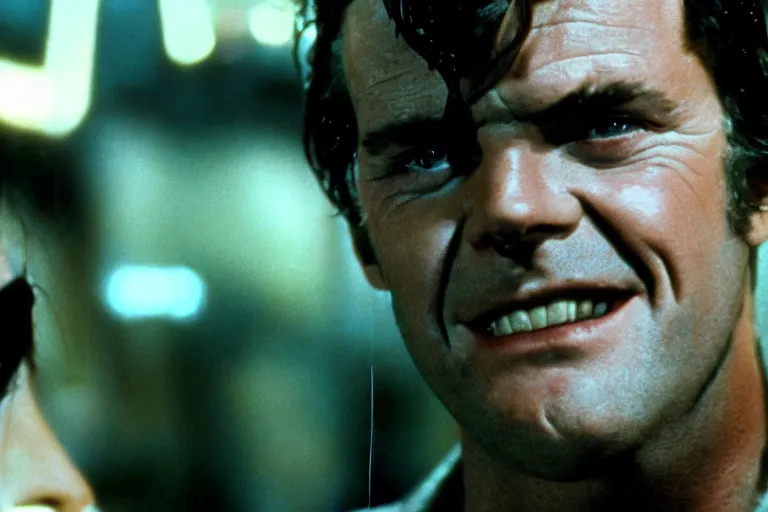 Image similar to A young Jack Nicholson on blade runner 1982, movie still, face close-up, in color, detailed face, 4k,