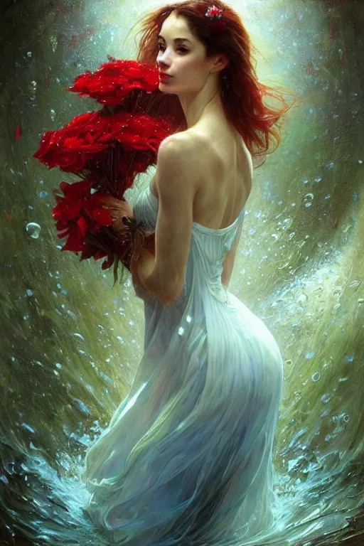 Prompt: portrait of a beautiful woman wearing a red dress, holding a bouquet of flowing flowers, drenched body, wet dripping hair, emerging from the water, fantasy, regal, fractal crystal, fractal gems, by stanley artgerm lau, greg rutkowski, thomas kindkade, alphonse mucha, loish, norman rockwell