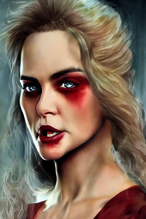 Image similar to mix of beautiful young maria shriver, mariel hemmingway, brooke shields, nicole kidman and elle macpherson as a vampire showing vampire teeth, ready to bite, thin lips, hair tied up in a pony tail, dark blonde hair, colorful, artstation, cgsociety