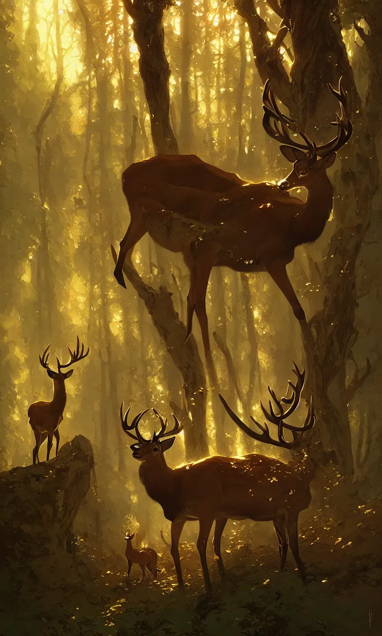 Image similar to Deer in Sherwood Forest, full frame, highly detailed, digital painting, artstation, concept art, smooth, sharp focus, illustration, art greg rutkowski and alphonse mucha