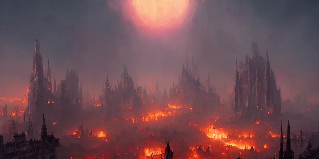 Image similar to A fantasy city completely covered in fire, rising smoke, dark fantasy, nighttime, detailed crimson moon, hyper realistic, by greg rutkowski, trending on artstation