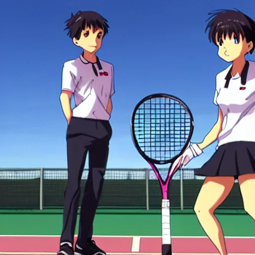 Prompt: shinji ikari and rei iyanami at anime high school playing tennis with eva - 0 1 in the background of the city on a sunny and clear day