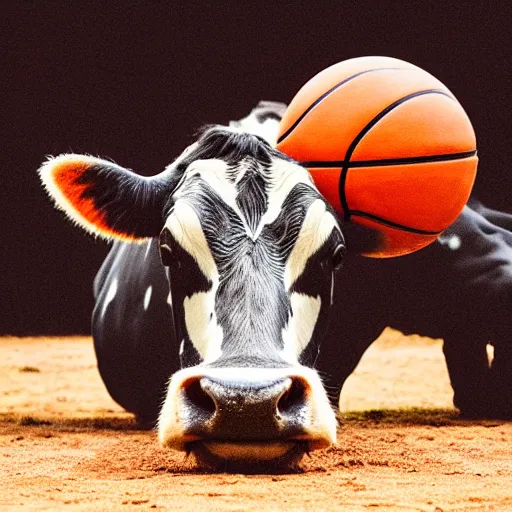 Prompt: a cow dribbling a basketball, cow, dribbling, basketball, award winning, photography, dramatic angle