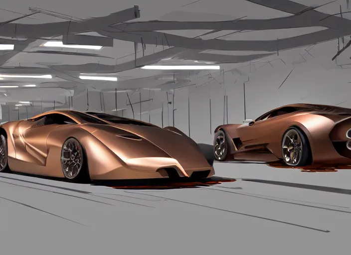 Image similar to combine some random sport cars as one with bronze paint, in a clean engineering sci - fi workshop, concept art style by pablo carpio. global illumination. full view.