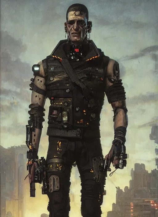 Prompt: frankenstein. cyberpunk mercenary wearing a military vest and combat jumpsuit. (Cyberpunk 2077, bladerunner 2049). Iranian orientalist portrait by john william waterhouse and Edwin Longsden Long and Theodore Ralli and Nasreddine Dinet, oil on canvas. Cinematic, hyper realism, realistic proportions, dramatic lighting, high detail 4k
