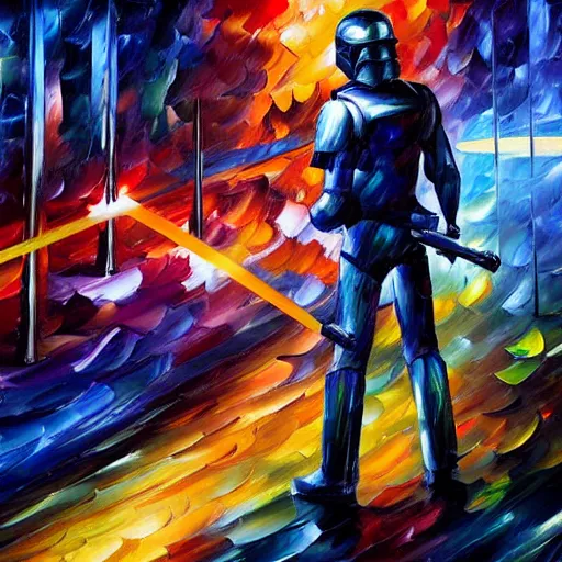 Image similar to A Neon Dark Trooper scanning a room with pulsating laser, artwork by Leonid Afremov