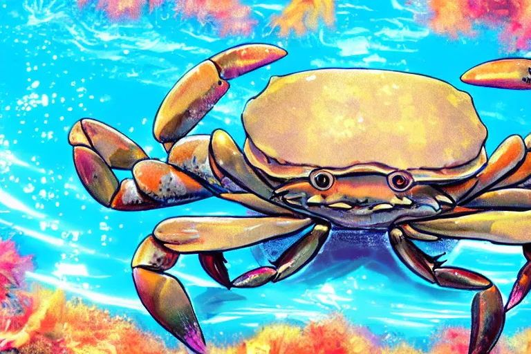 Image similar to cute anime - crab underwater, in 2 0 1 2, bathed in the the glow of a crt television, crabcore, low - light photograph, anime key art