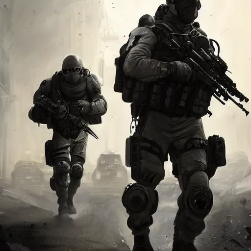 Image similar to Mercenary Special Forces in grey uniforms with black armored vests in combat in 2020, by Cedric Peyravernay, highly detailed, excellent composition, cinematic concept art, dramatic lighting, trending on ArtStation