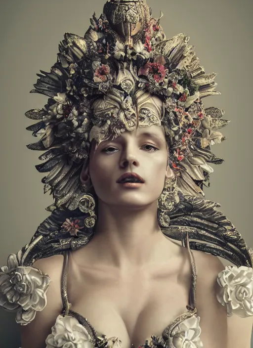 Image similar to full body environmental portrait photo of a goddess as angel, ornate headpiece made from flowers, ornaments, glamour shot by gemmy woud - binnendijk, chris knight, photorealistic, canon r 3, fashion photography, ornate, symmetrical features, octane render, unreal engine, solid dark grey background, clamp shell lighting, rim lighting