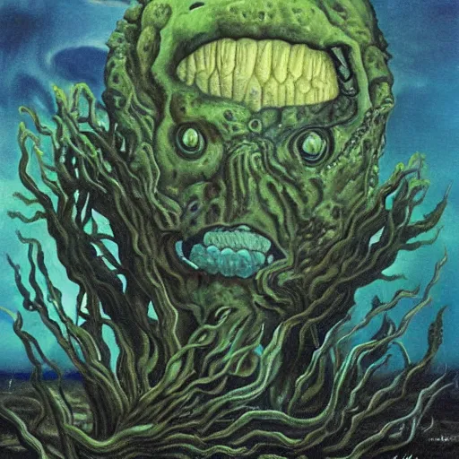 Image similar to deep sea plant life creature, black lagoon, amphibious, seaweed, coral, surreal painting, painted by dali,