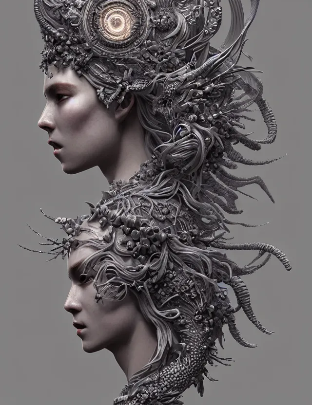 Image similar to symmetrical, centered, zbrush sculpt of goddess close-up portrait wigh crown made of skulls. phoenix betta fish, phoenix, bioluminiscent creature, super intricate ornaments artwork by Tooth Wu and wlop and alena aenami and greg rutkowski