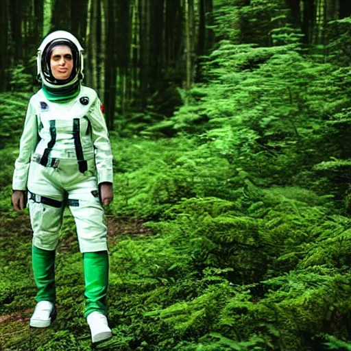 Prompt: a female space scout wearing a green uniform with white armor exploring a forest planet