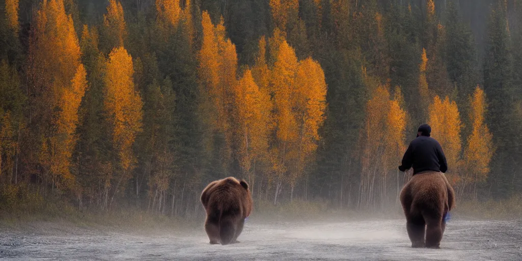 Image similar to back of bob ross riding on the back of brown bear in alaska at fall season, outdoor lighting, realistic, photo, national geographic photo, volumetric, fog