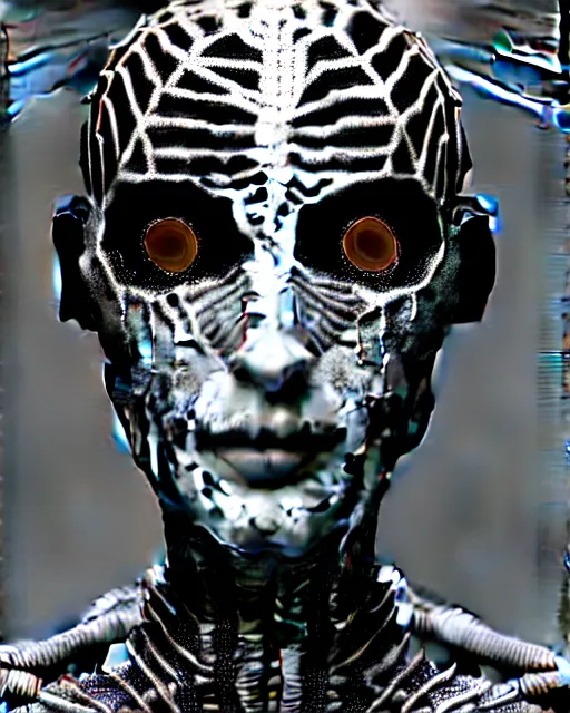 Image similar to black and white cyborg-plant goddess high quality fashion portrait, artificial intelligence, bio-mechanical bio-luminescence, artificial spider web, neurons, nerve cells, octane render, cinematic, hyper realism, high detail, 8k, in the style of Steven Meisel and Dora Maar and H.G. Giger