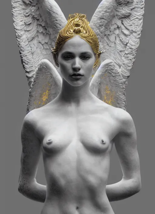 Image similar to a statue made of white marble with gold veins, of an beautiful gorgeous angel girl, full body shot, perfect symmetrical body, perfect symmetrical face, no eyes, hyper realistic, hyper detailed, fujicolor superia 1 6 0 0 photo, by johannen voss, by peter kemp, by monia merlo, by michelangelo octane render, blender, 8 k