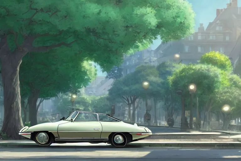 Image similar to a wholesome animation key shot of!! one!! focused! 1 9 7 4 citroen ds! in a tree lined paris street, medium shot, studio ghibli, ( pixar ) and disney animation, sharp, very detailed, high resolution, rendered in unreal engine 5, anime key art by greg rutkowski, bloom, dramatic lighting