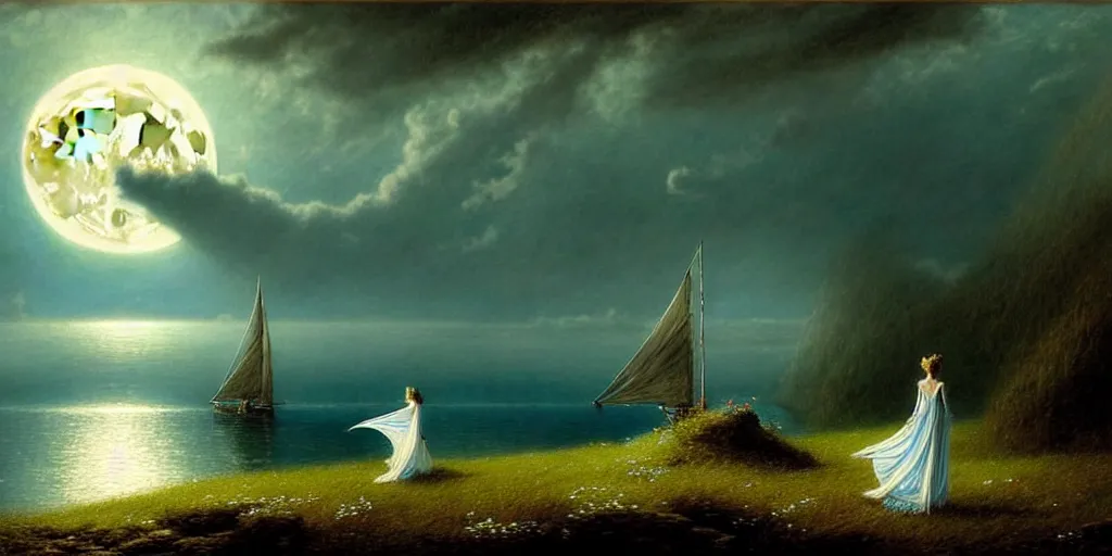 Image similar to an elegant fairy queen in a blue lace dress dancing looking out at a lord of the rings scenery landscape, staring across the sea at a white timber sail boat, evening, highly detailed, vivid colour, soft clouds, full moon, cinematic lighting, perfect composition, gustave dore, derek zabrocki, greg rutkowski, belsinski