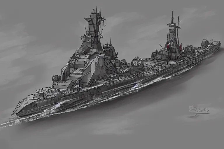 Prompt: Concept art of an angular stealth Bismarck battleship