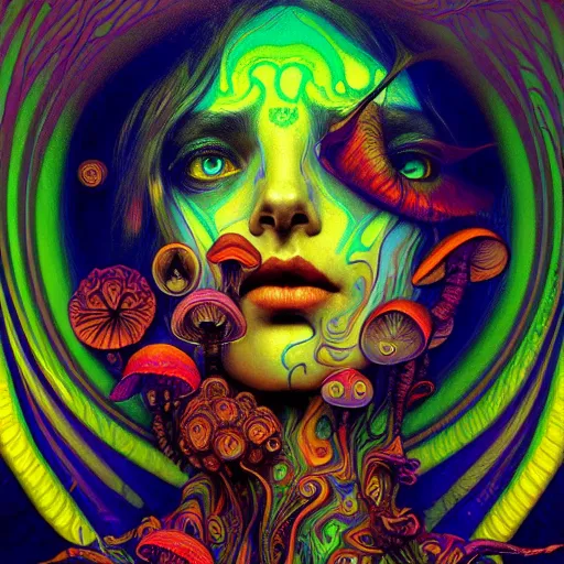 Image similar to An extremely psychedelic experience, colorful, surreal, dramatic lighting, magic mushrooms, psilocybin, LSD, face, detailed, intricate, elegant, highly detailed, digital painting, artstation, concept art, smooth, sharp focus, illustration, art by Krenz Cushart and Artem Demura and alphonse mucha