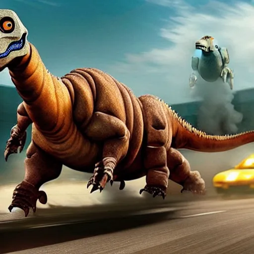 Image similar to the fast and the furious with robot dinosaurs