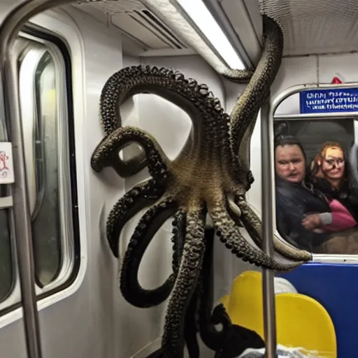 Image similar to of a giant octopus invading a interior of a subway train in new york,