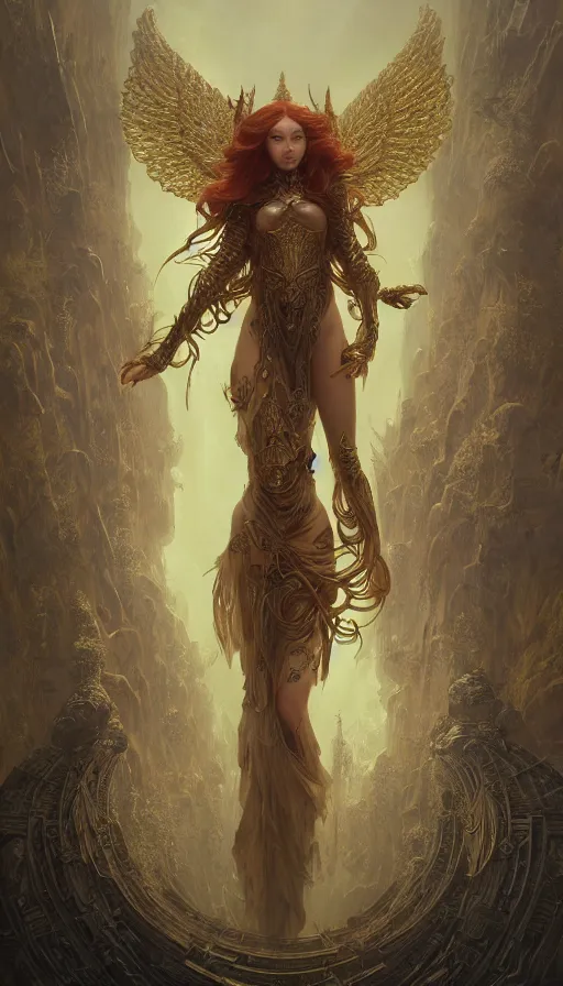 Image similar to ascending dark full body redhead goddess angel, madison beer, intricate armor, highly detailed, glowing, action pose, cinematic, art deco, gold filigree, ethereal, alfonso mucha, zdzisław beksinski, andrei ryabovichev, shaun tan, chriss foss, peter mohrbacher, 4 k