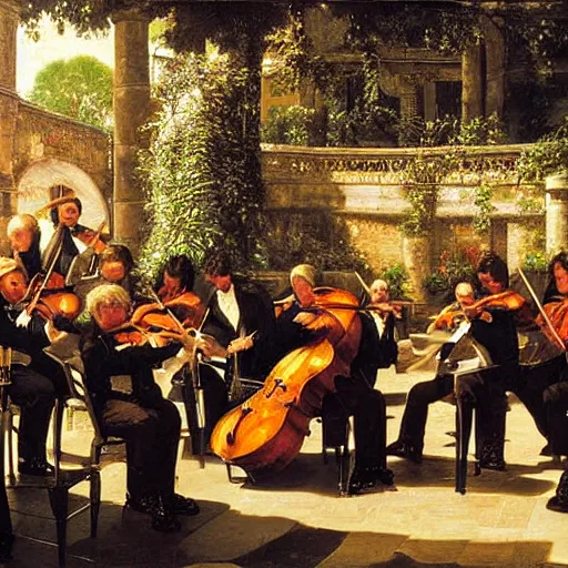 Prompt: oil painting of an orchestra playing at an italian plaza, hanging gardens, renaissance, art by caravaggio, greg staples, mark zug