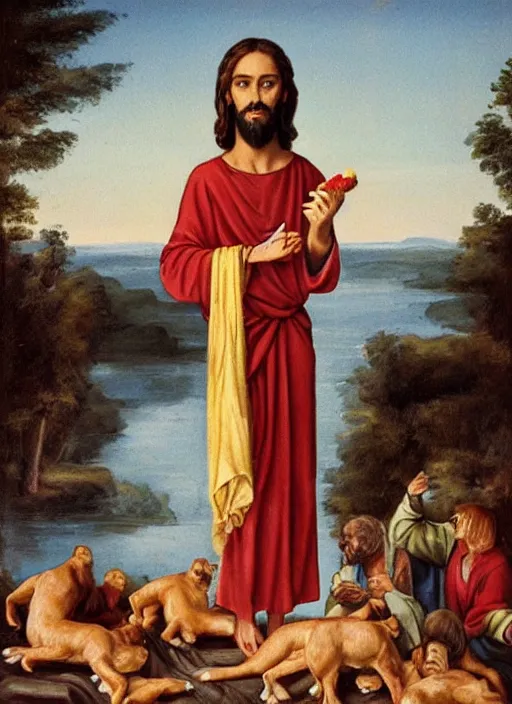 Image similar to jesus holding a hotdog