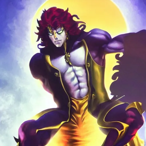 Prompt: dio from jojo's bizarre adventure sitting on a throne, matte art by ross tran, dim lighting