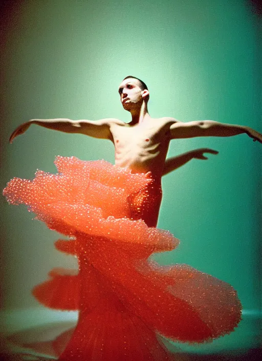 Prompt: realistic photo of a blurred face of a man, covered in shriveling dead semi - translucent iridescent coral reef, emitting aura, in a ballet pose in a dark room with a spotlight shining on him 1 9 6 0, life magazine photo, natural colors, metropolitan museum, kodak, 8 k, very detailed, high resolution, product photo,