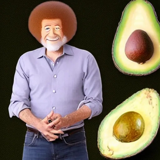 Image similar to bob ross embedded in an avocado