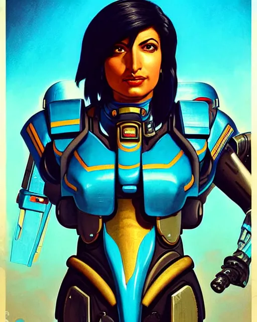 Image similar to pharah from overwatch, character portrait, portrait, close up, concept art, intricate details, highly detailed, vintage sci - fi poster, retro future, in the style of chris foss, rodger dean, moebius, michael whelan, and gustave dore