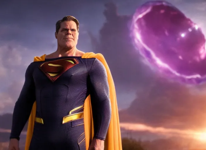 Prompt: film still of thanos as superman in the new superman movie, 4 k, highly detailed face, detailed eyes