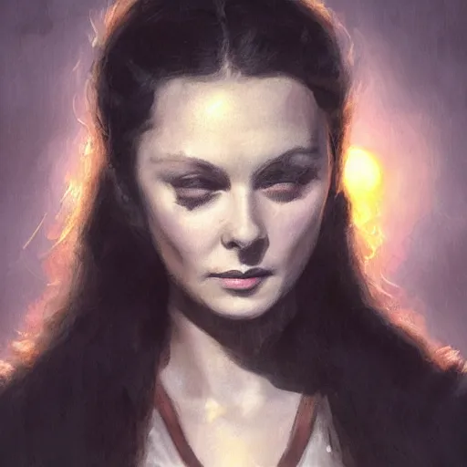 Image similar to closeup portrait of a young vivian leigh, crying, chiaroscuro, city background, night, moon, dramatic lighting, complementary contrast, high detail, painted by greg rutkowski, painted by igor kieryluk, trending on artstation