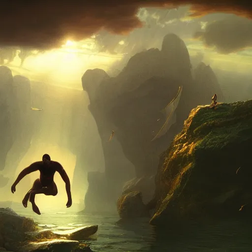 Image similar to man diving next to underwater box of treasure, beautiful dynamic lighting, cinematic, wide angle establishing shot, extremely high detail, photo realistic, cinematic lighting, post processed, concept art, artstation, matte painting, style by frederic church, raphael lacoste, unreal engine 8k