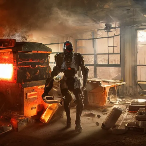 Image similar to cyborg with toaster oven chest, dark messy smoke - filled cluttered workshop, dark, dramatic lighting, orange tint, sparks, cinematic, highly detailed, sci - fi, futuristic, movie still