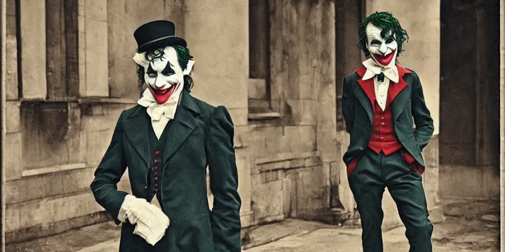 Image similar to joker wearing clothes in the style of directoire style, photograph, grinning, creepy,