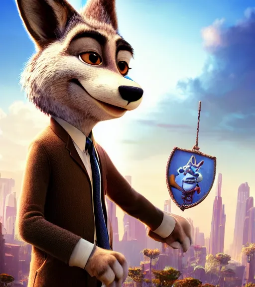 Image similar to promotional poster a film still from zootopia main character portrait anthro anthropomorphic wolf security guard head animal person fursona wearing suit and tie pixar disney dreamworks animation sharp rendered in unreal engine 5 octane key art by greg rutkowski bloom dramatic lighting modeling expert masterpiece render