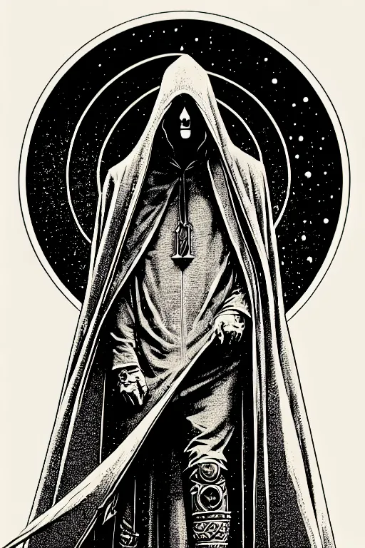 Image similar to wizard in a hooded cloak gazing into a crystal ball, high details, intricately detailed, by vincent di fate, 3 color screen print, masterpiece, trending on artstation, sharp, details, hyper - detailed, hd, 4 k, 8 k